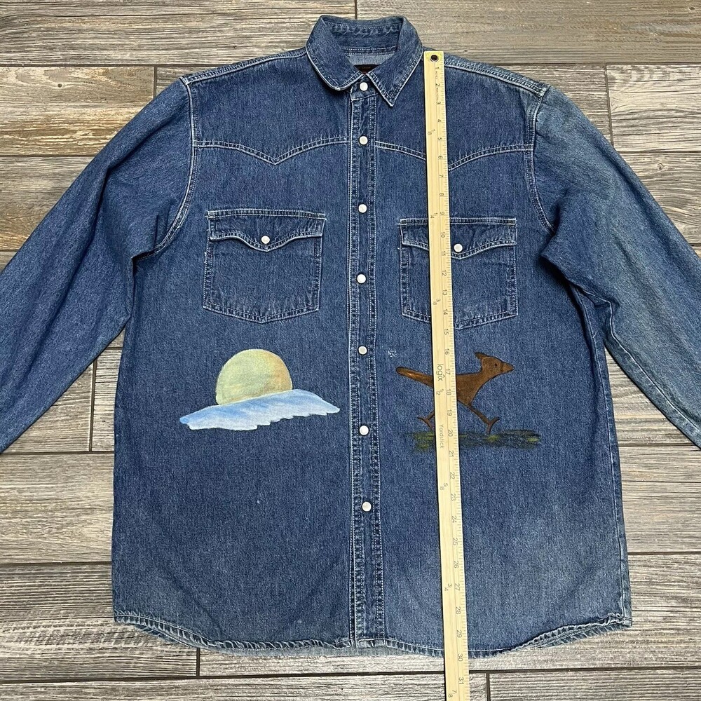 VTG Sunbelt Denim Pearl Snap Western Shirt M Hand Painted Roadrunner Shacket - Picture 14 of 16